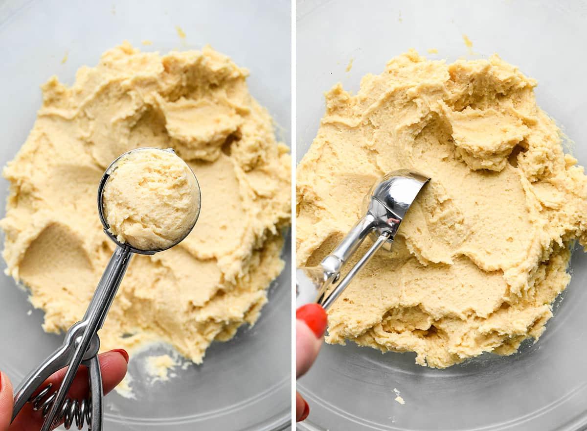 Η ΚΑΛΥΤΕΡΗ συνταγή για Snickerdoodle ποτέ! Αυτά τα μπισκότα snickerdoodle έχουν τραγανές άκρες, μαστιχωτό κέντρο και πλούσια γεύση κανέλας. Είναι εύκολο να φτιαχτούν χωρίς ψύξη ή περίεργα υλικά! Μια κλασική χριστουγεννιάτικη συνταγή που πέρασε από τη γιαγιά μου και ψήνω από τότε που ήμουν μικρό κορίτσι!#snickerdoodle #snickerdoodles #snickerdoodlecookies #christmascookies #bestsnickerdoodlerecipe #recipe #cookies Δύο φωτογραφίες που δείχνουν πώς να φτιάξετε μπισκότα snickerdoodle - ζύμη με κουτάλι