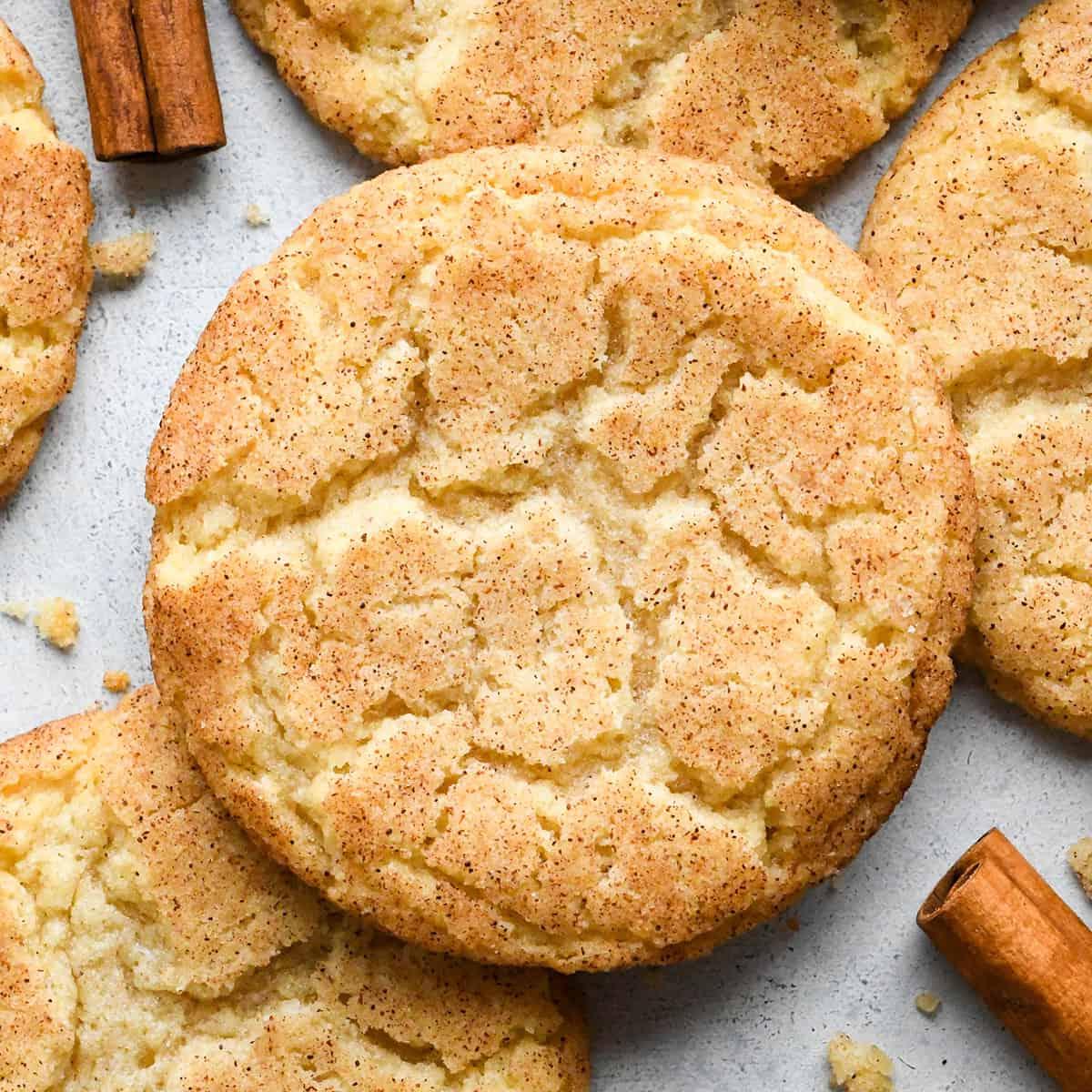 Η ΚΑΛΥΤΕΡΗ συνταγή για Snickerdoodle ποτέ! Αυτά τα μπισκότα snickerdoodle έχουν τραγανές άκρες, μαστιχωτό κέντρο και πλούσια γεύση κανέλας. Είναι εύκολο να φτιαχτούν χωρίς ψύξη ή περίεργα υλικά! Μια κλασική χριστουγεννιάτικη συνταγή που πέρασε από τη γιαγιά μου και ψήνω από τότε που ήμουν μικρό κορίτσι!#snickerdoodle #snickerdoodles #snickerdoodlecookies #christmascookies #bestsnickerdoodlerecipe #recipe #cookies Κοντινή φωτογραφία από πάνω ενός μπισκότου snickerdoodle