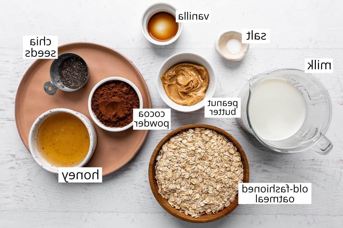 overhead view of the labeled ingredients in this Chocolate Peanut Butter Overnight Oats recipe