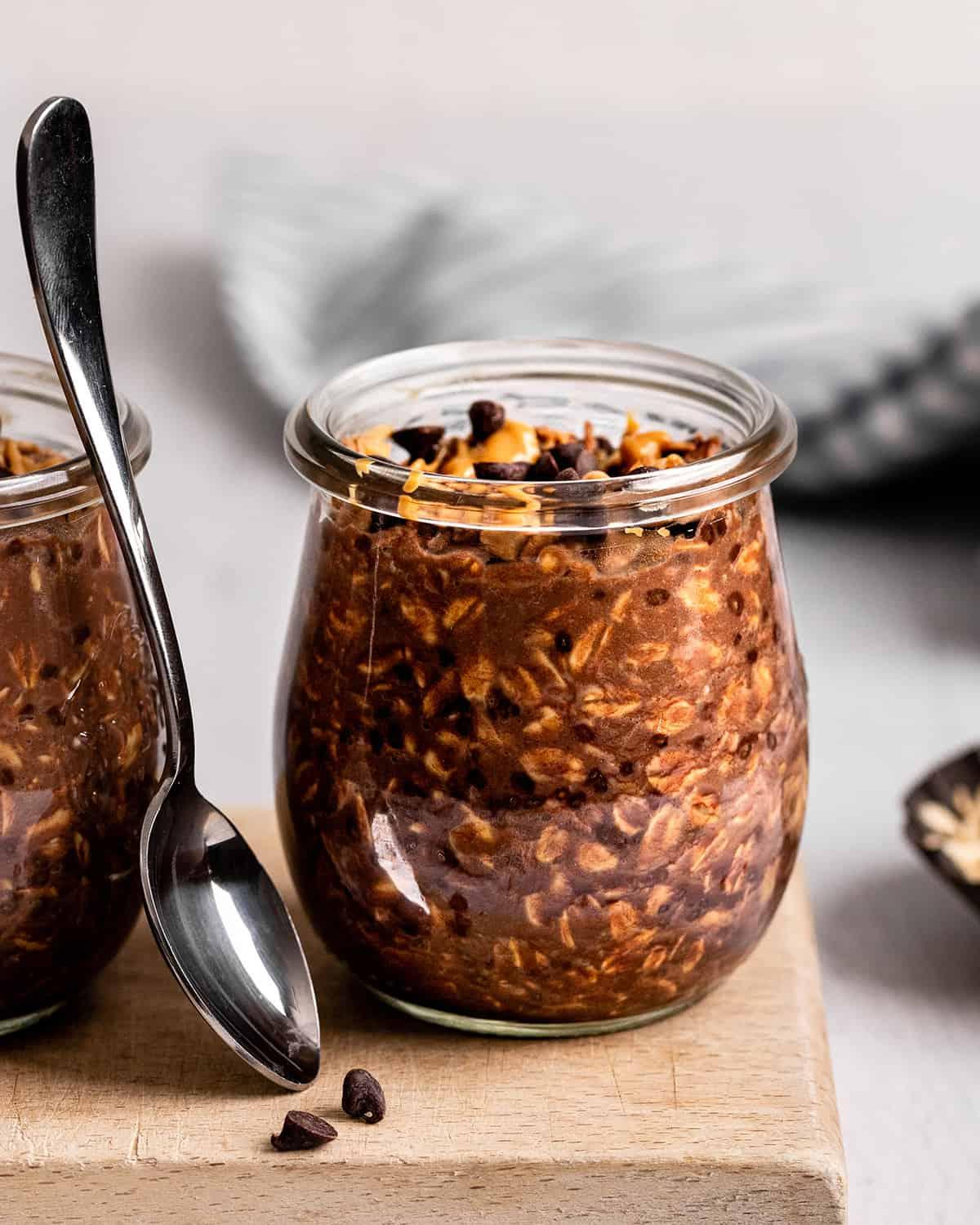a jar of Chocolate Peanut Butter Overnight Oats