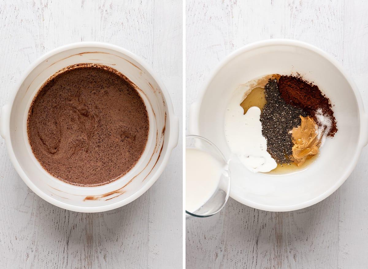 two photos showing how to make Chocolate Peanut Butter Overnight Oats