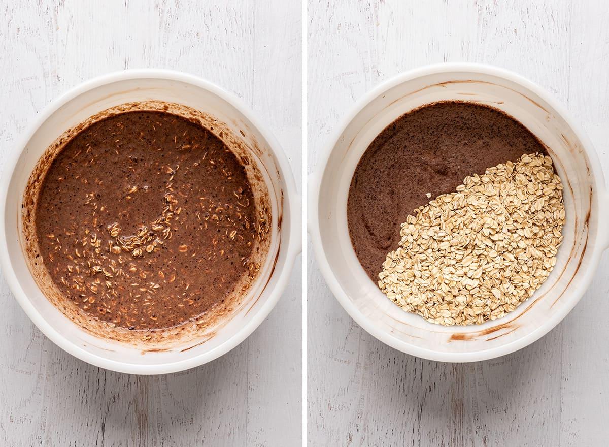 two photos showing how to make Chocolate Peanut Butter Overnight Oats