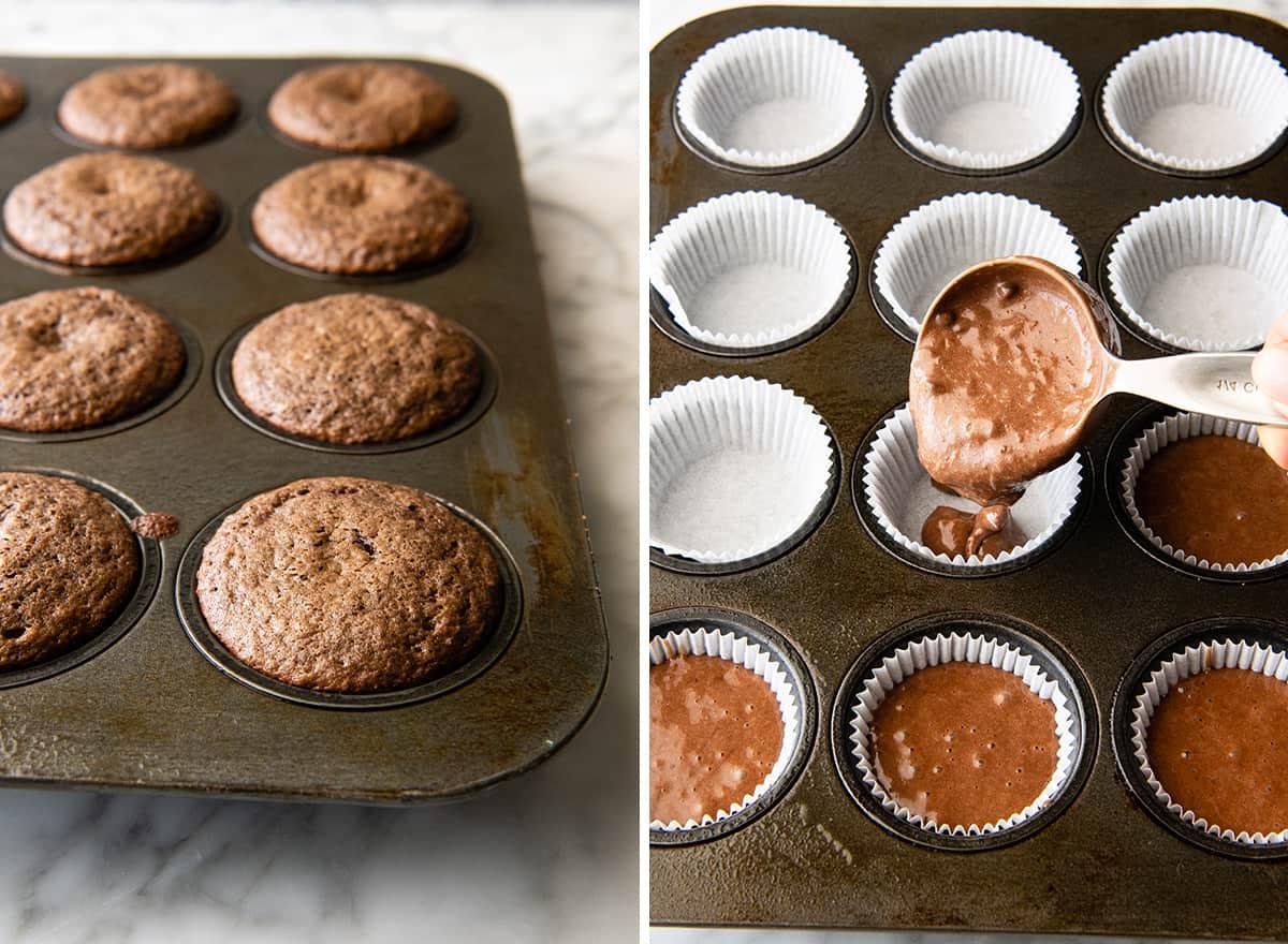 Αυτή η συνταγή για σοκολατένια cupcakes είναι εύκολη στην παρασκευή από το μηδέν με απλά υλικά. Είναι τα καλύτερα, ζουμερά σοκολατένια cupcakes με πλούσια γεύση σοκολάτας και τέλεια υφή. Δύο φωτογραφίες που δείχνουν πώς να φτιάξετε σοκολατένια cupcakes