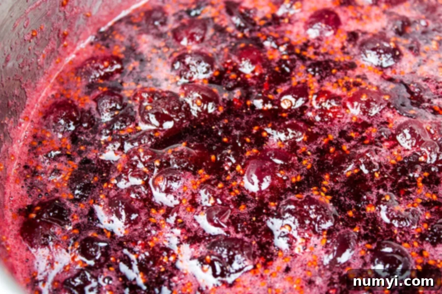Easy Homemade Cranberry Sauce Your Way 3 Cooked cranberry sauce in a metal saucepan.