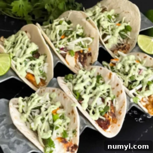 Blackened Fish Tacos on a dark background, showcasing the vibrant colors and fresh ingredients.