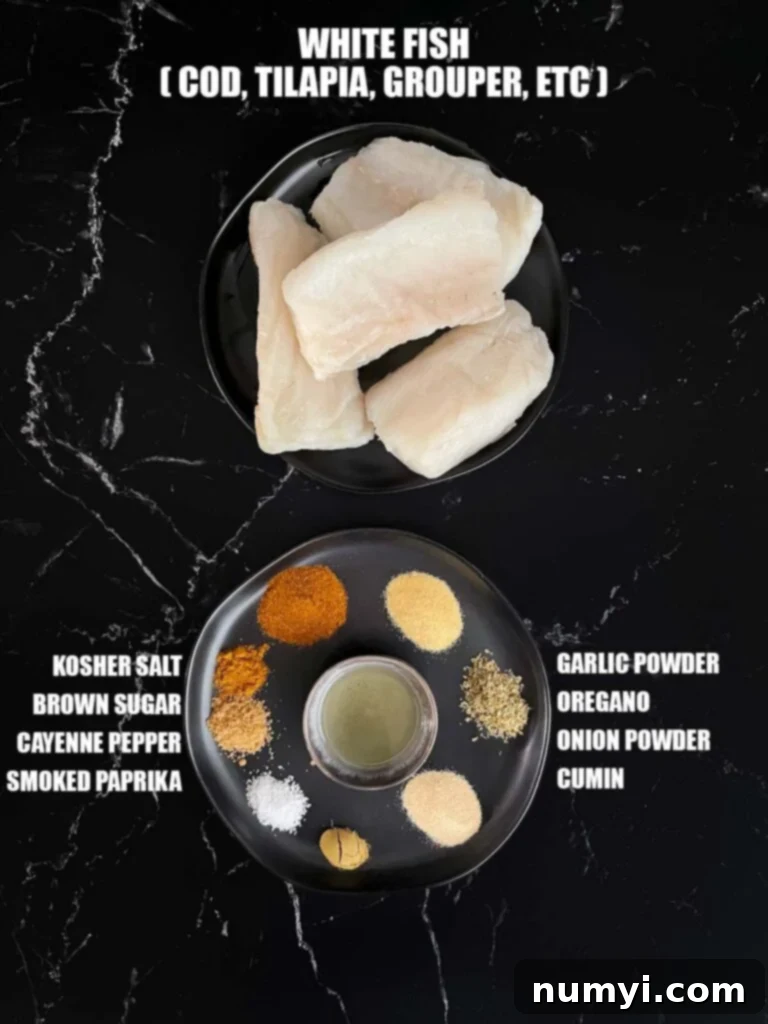 Fresh ingredients for the blackened fish, including cod fillets and a mix of spices.