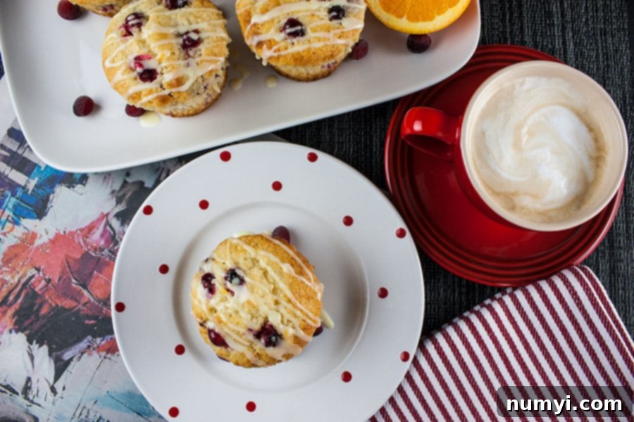 Cranberry Orange Muffins on a white plate with red dots and a red cappuccino cup and saucer.