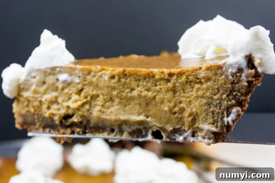 Pumpkin pie with a gingersnap crust being served.