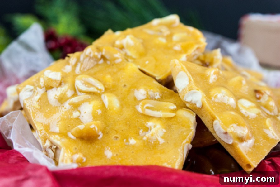 Classic Homemade Peanut Brittle 3 Assortment of golden-brown peanut brittle pieces stacked high in a decorative metal tin, ready for serving or gifting.