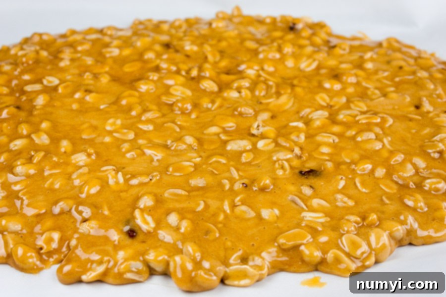 Classic Homemade Peanut Brittle 5 Freshly poured, hot old-fashioned peanut brittle rapidly spreading and cooling on parchment paper, forming a thin, even layer.