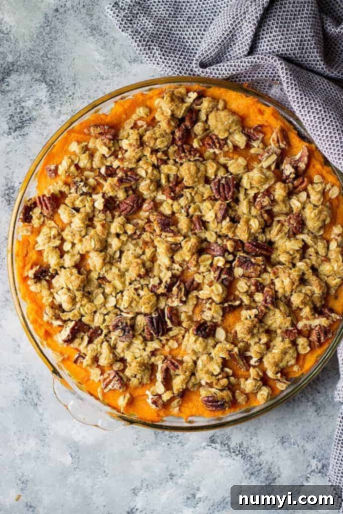 This Sweet Potato Casserole with Streusel Topping is a classic Thanksgiving side dish! It's also great with marshmallows!