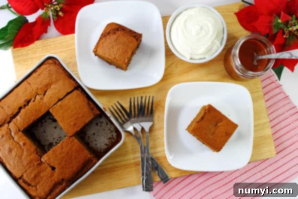 Close-up of a slice of moist gingerbread cake, showing its tender crumb and rich color.