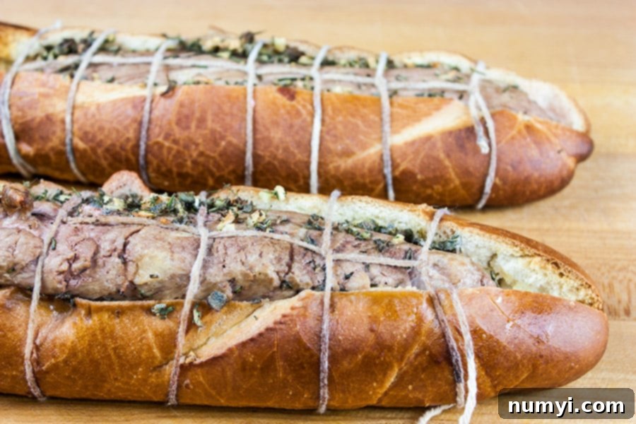 Tuscan pork tenderloin in a baguette, tied with twine, on a wooden cutting board before baking.