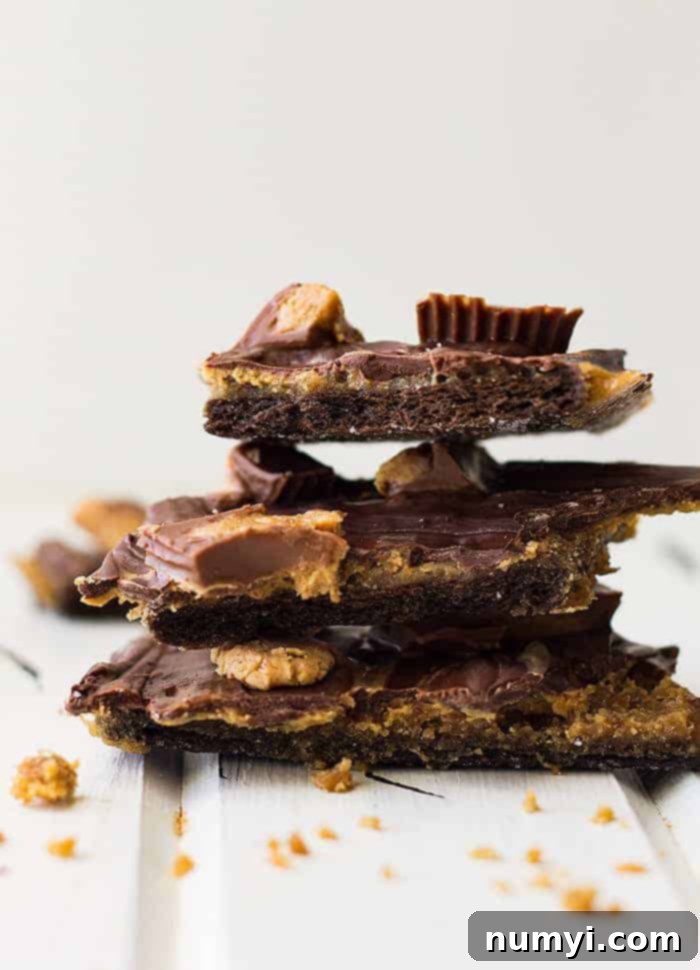 A close-up shot of homemade Peanut Butter Cup Graham Cracker Toffee, showcasing its crunchy texture, melted chocolate, creamy peanut butter swirls, and chunks of peanut butter cups on a parchment-lined baking sheet.