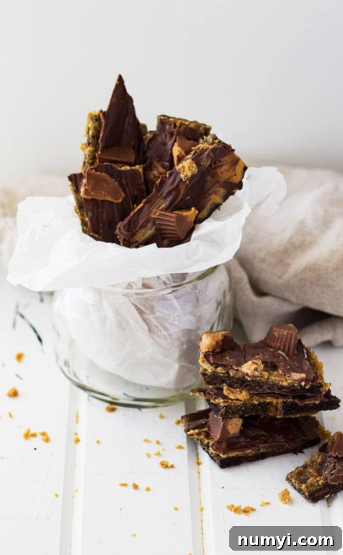 Overhead shot of Peanut Butter Cup Graham Cracker Toffee, showing a broken piece with the graham cracker base, smooth peanut butter and chocolate layers, and visible peanut butter cup pieces. Perfect for sharing.
