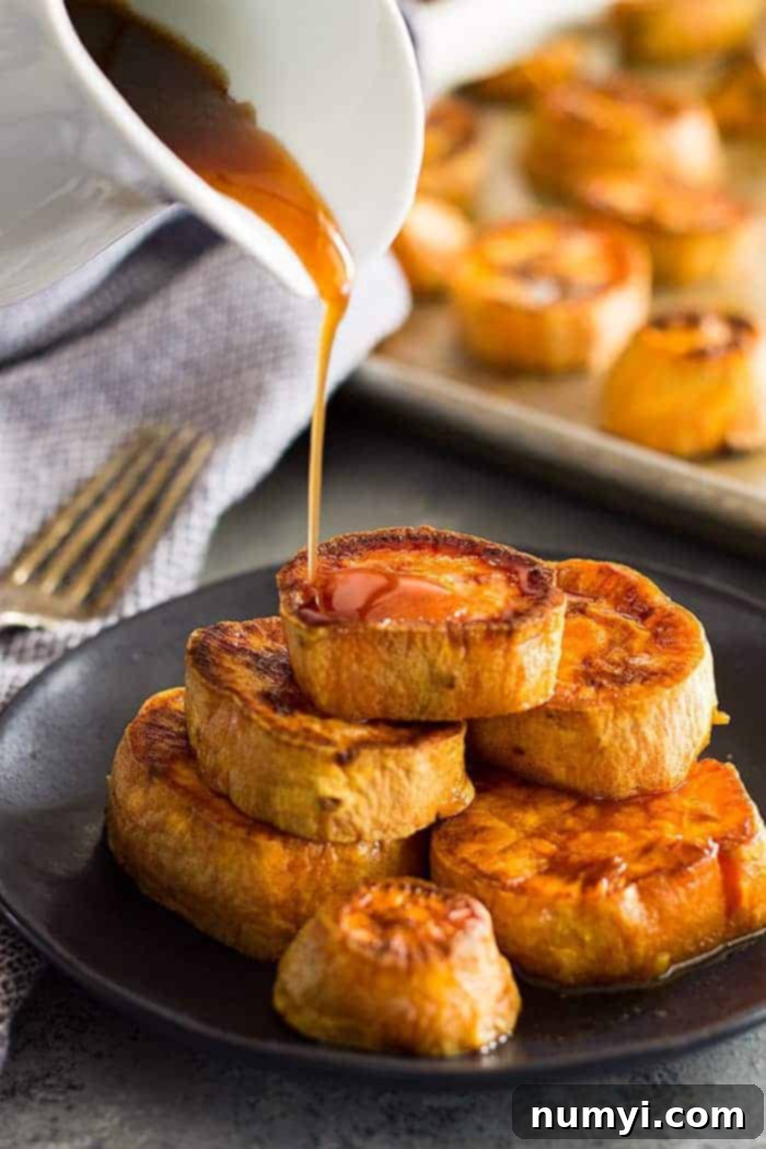 pouring cinnamon glaze over roasted sweet potato slices