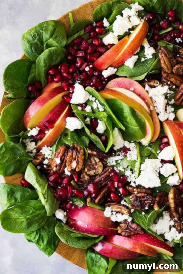 Overhead closeup of a vibrant and fresh pomegranate salad recipe featuring bright green spinach, crisp red apple slices, golden candied pecans, and crumbled feta cheese, beautifully arranged in a white bowl.