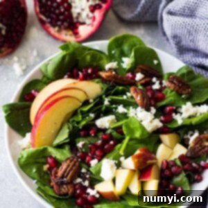 A beautifully composed Spinach, Apple, and Pomegranate Salad, showcasing its vibrant colors and delicious textures. It's a healthy, crunchy, and visually appealing dish perfect for any meal.