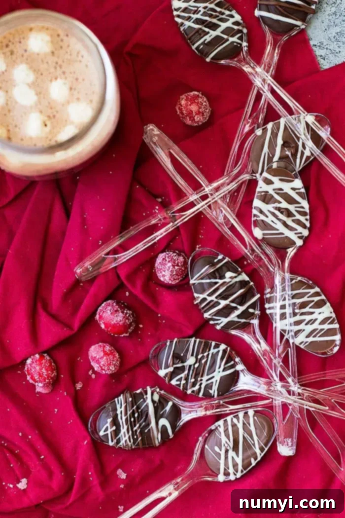 Beautifully arranged chocolate spoons with various toppings on a festive red cloth, alongside sugared cranberries.