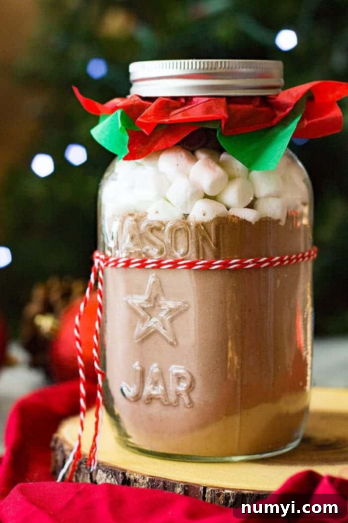 A festive jar of Homemade Dark Chocolate Hot Cocoa Mix, rich, creamy, and ready to make the best hot chocolate. A perfect DIY gift idea you won't want to miss.