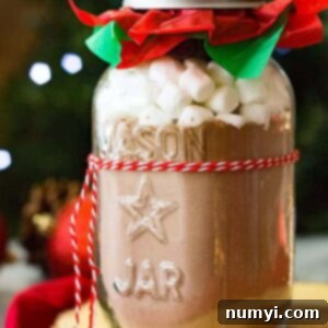Homemade Dark Chocolate Hot Cocoa Mix in a mason jar, for rich, creamy hot chocolate.