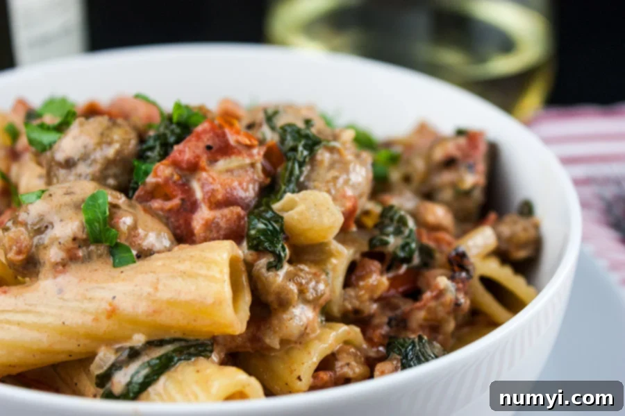 Italian sausage rigatoni in a white bowl, garnished with fresh herbs.