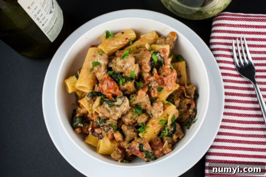Italian Sausage Rigatoni with Spicy Tomato Cream Sauce - in a white bowl 