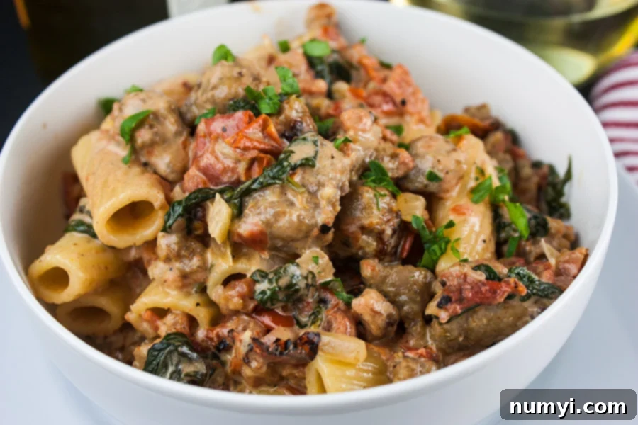 Italian Sausage Rigatoni with Spicy Tomato Cream Sauce - in a white bowl