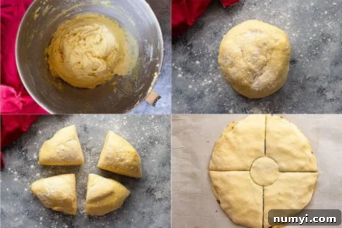Step-by-step photos illustrating the preparation of brioche dough for the cinnamon snowflake bread, including mixing and proofing stages.