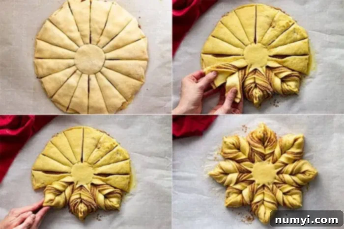 Detailed images demonstrating how to twist the layered dough sections to expertly form the elegant snowflake pattern of the brioche bread.
