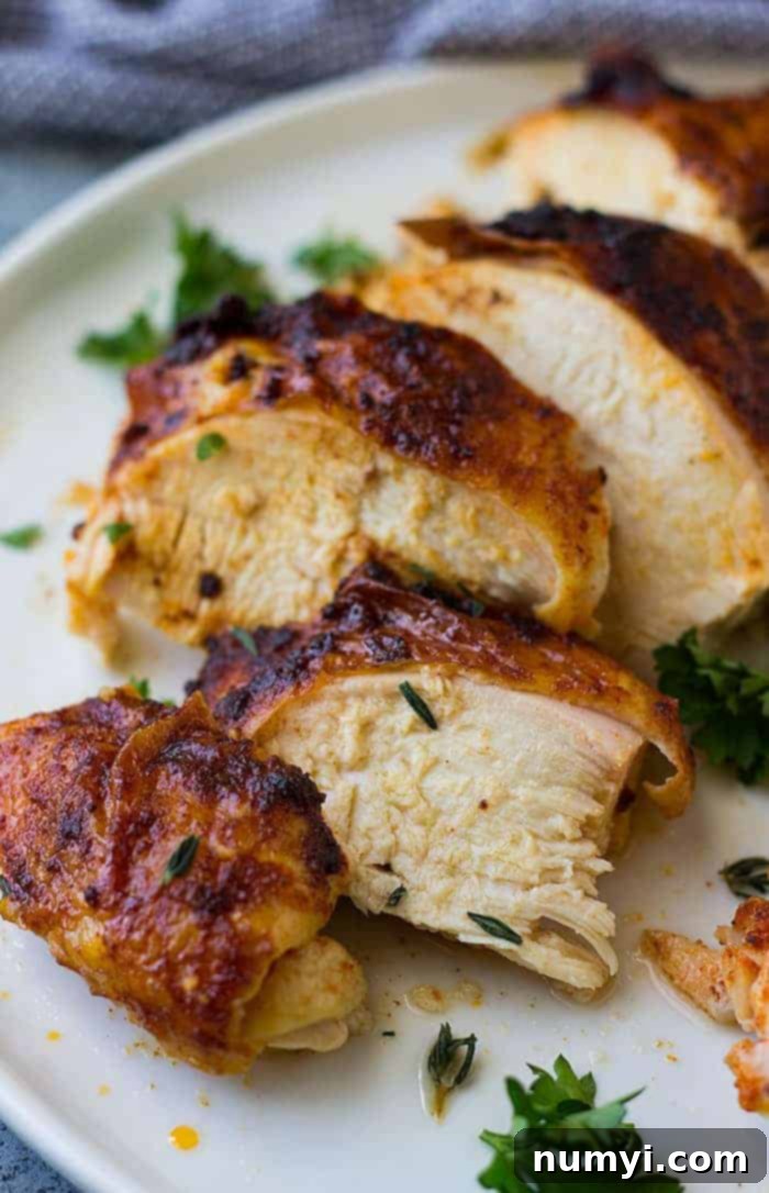 Slices of juicy rotisserie chicken with golden skin on white plate. 