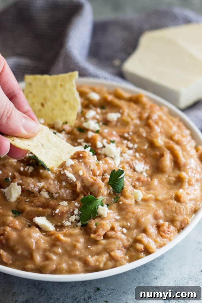 Big bowl of homemade refried beans sprinkled with cheese and a chip dipping into the beans.