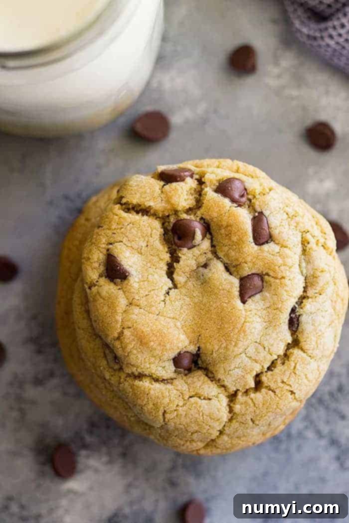 Just Enough Chocolate Chip Cookies 2 A top down view of small batch chocolate chip cookies and a glass of milk.
