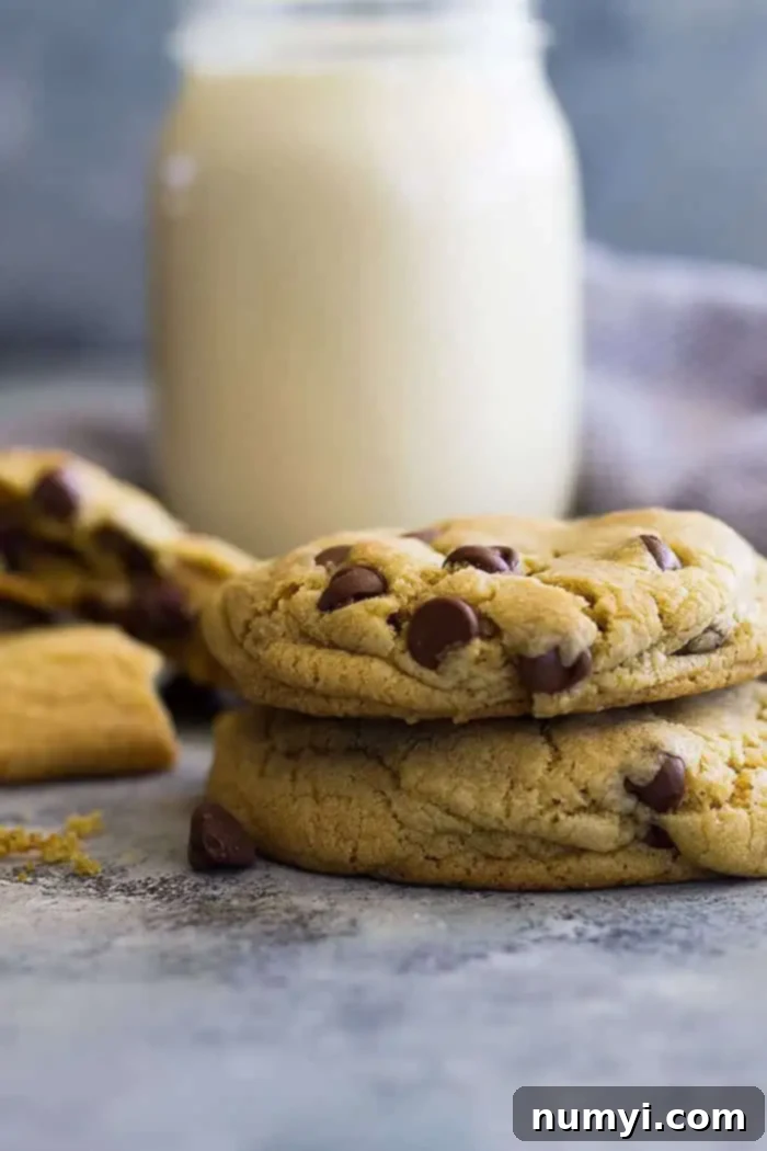 Just Enough Chocolate Chip Cookies 3 Two small batch chocolate chip cookies stacked with milk and a broken cookie in the background.