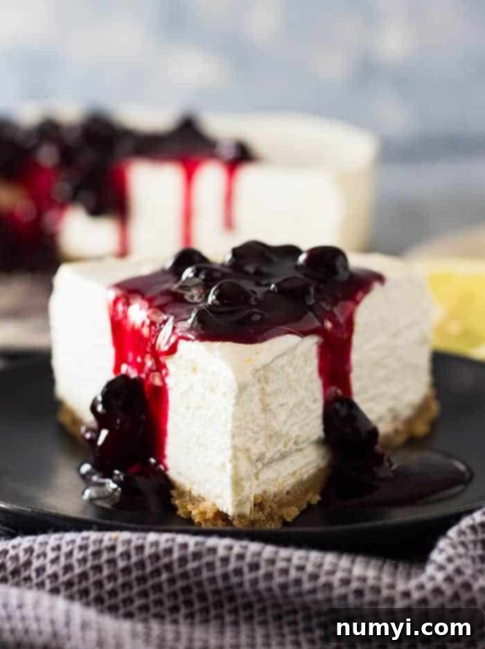 Close up of a slice of No Bake Lemon Blueberry Cheesecake with abundant blueberry sauce on top.