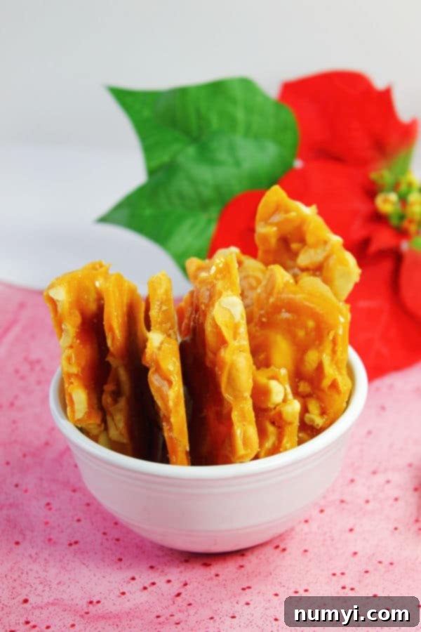 cashew brittle broken into a few individual pieces and placed in a small white bowl on top of a pink surface with a poinsetta in the background