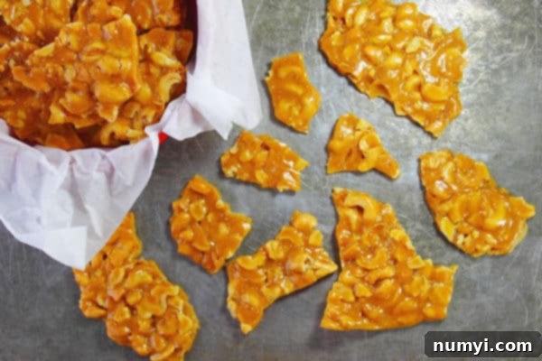 cashew brittle in a parchment lined bowl on the top left corner of the photo with different sized pieces of the brittle scattered on a grey surface