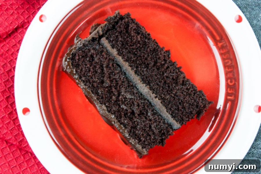 Decadent Dark Mocha Cake 4 A close-up of a slice of Dark Chocolate Espresso Cake on a white and red plate, highlighting its moist crumb and rich ganache.