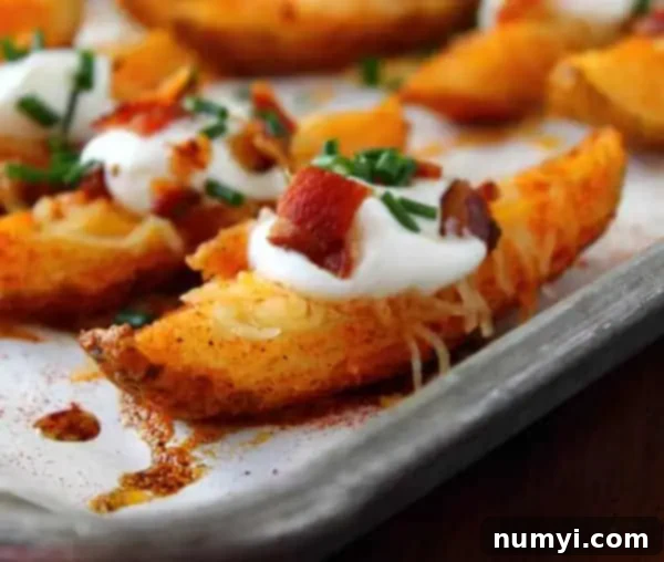 Loaded potato wedges with cheese, crispy bacon, a dollop of sour cream, and chopped green onions artfully arranged on a rustic baking sheet, ready to be served.