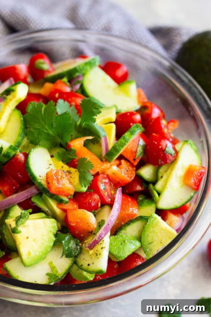 A beautifully presented bowl of fresh Tomato Cucumber Avocado Salad, featuring bright red tomatoes, crisp green cucumbers, and creamy avocado chunks, garnished with cilantro, perfect for a light summer meal or side dish.