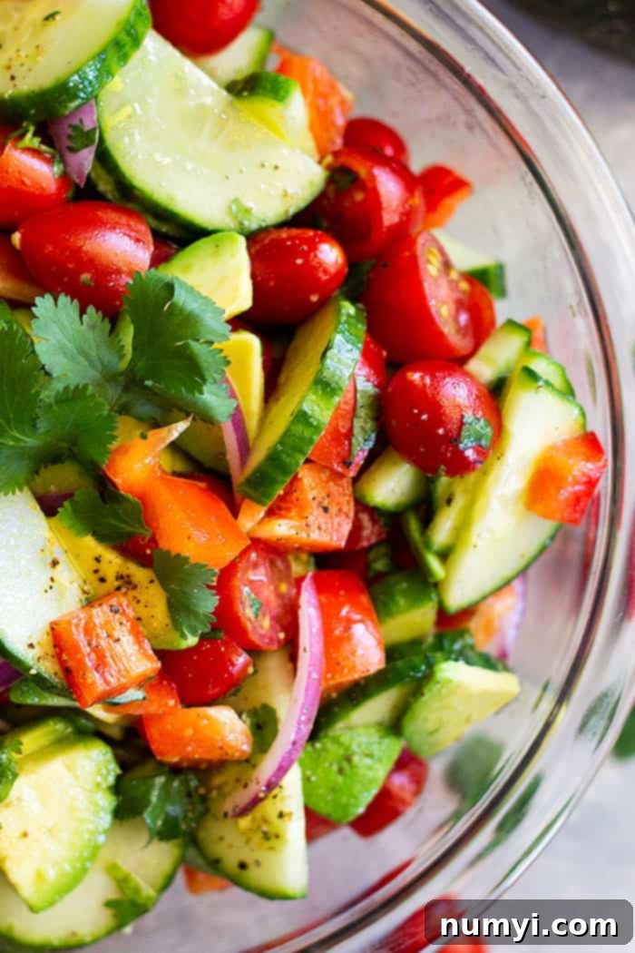 A vibrant bowl of Tomato Cucumber Avocado Salad, showcasing the finely chopped ingredients and glistening with a light dressing, emphasizing its fresh and flavorful appeal.