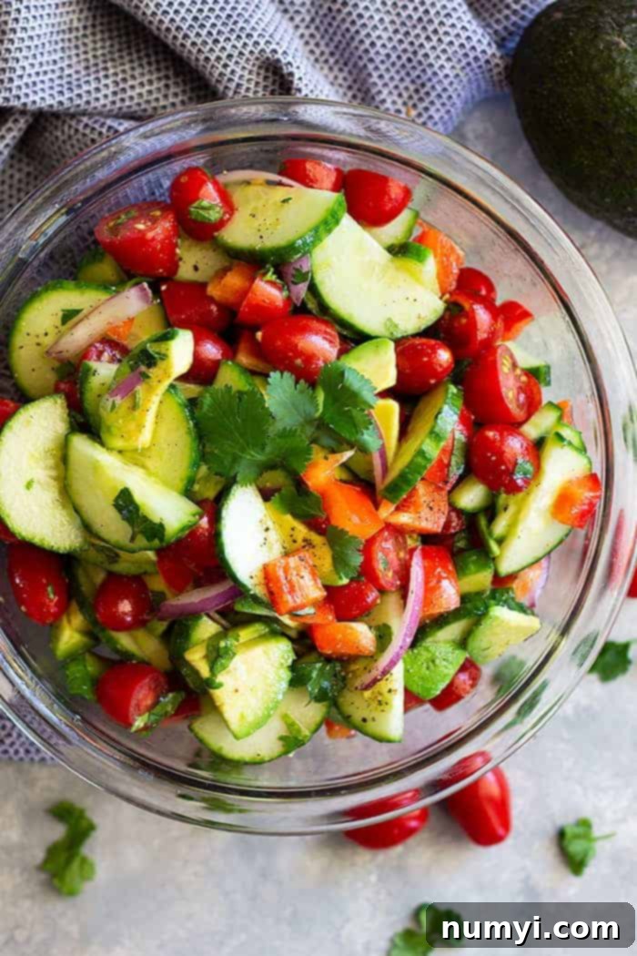 A large serving of refreshing Tomato Cucumber Avocado Salad, garnished with fresh herbs and a hint of bell pepper, indicating its delicious and healthy nature, perfect for any meal.