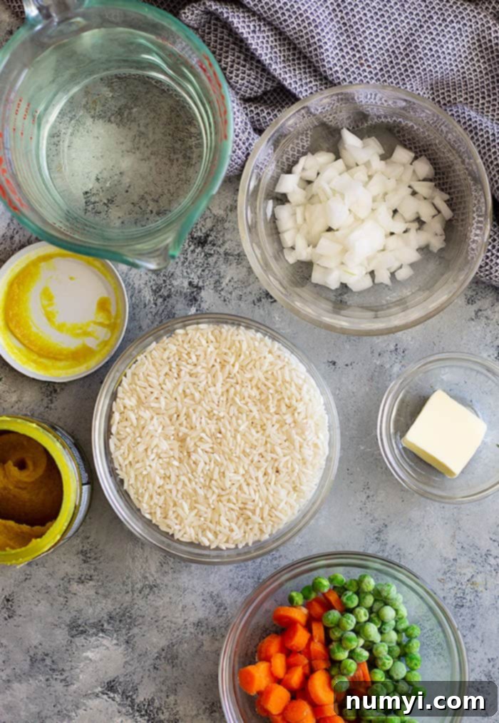 Ingredients laid out for making rice pilaf, including rice, carrots, peas, onion, garlic, and butter.