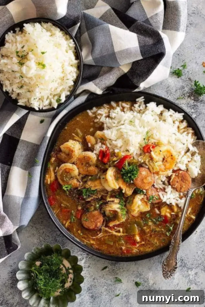 A steaming bowl of hearty slow cooker chicken, shrimp, and sausage gumbo, garnished with fresh parsley and served with a side of white rice.