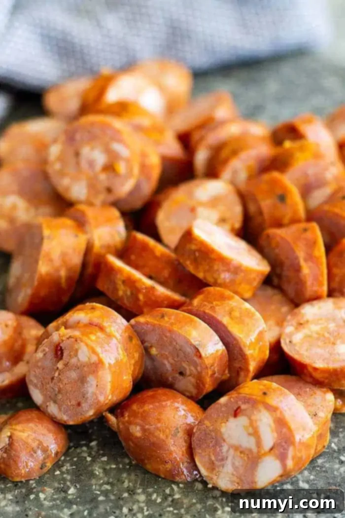 Close-up of thick slices of cooked Andouille sausage, ready to be added to the gumbo, showcasing its savory texture and appealing color.