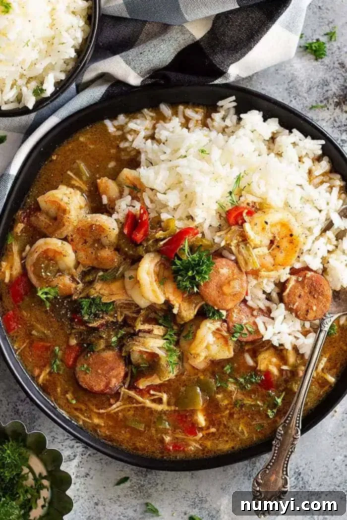 A generous serving of slow cooker chicken, shrimp, and sausage gumbo in a bowl, showing the rich dark broth, mixed meats, and vegetables, ready to be enjoyed.