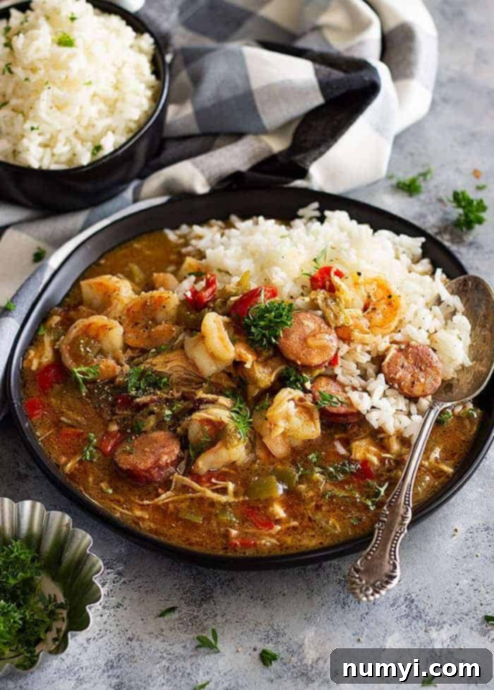 A top-down view of a slow cooker filled with delicious, bubbling Chicken, Sausage, and Shrimp Gumbo, ready to be served. A convenient and flavorful New Orleans-inspired dish made easy.