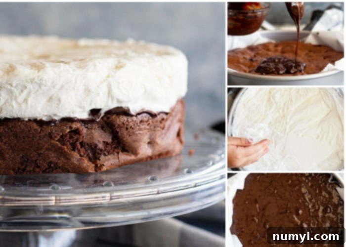 A close-up view of the layers in a homemade Brownie Ice Cream Cake, showcasing the chewy brownie, smooth hot fudge, and creamy ice cream, offering endless possibilities for customization.