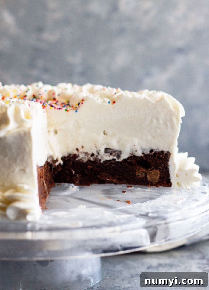 A full Brownie Ice Cream Cake, beautifully decorated with homemade whipped cream and colorful sprinkles, ready to be served. An easy-to-make dessert ideal for summer birthdays and festive occasions.