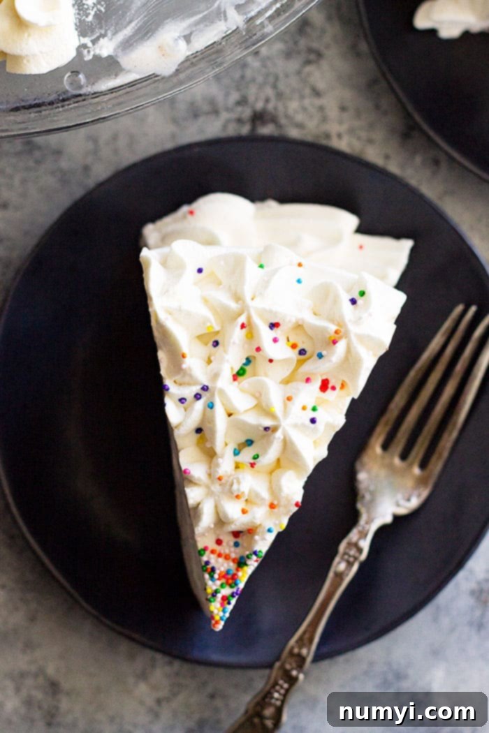A celebratory Brownie Ice Cream Cake, perfect for summer birthdays, featuring a chewy brownie base, hot fudge, smooth vanilla ice cream, and a luscious whipped cream topping decorated with sprinkles.